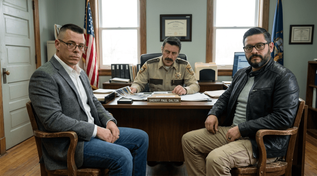 Three men seated in an office: one in a sheriff's uniform at a desk, and two others, one in a gray blazer and the other in a black leather jacket.