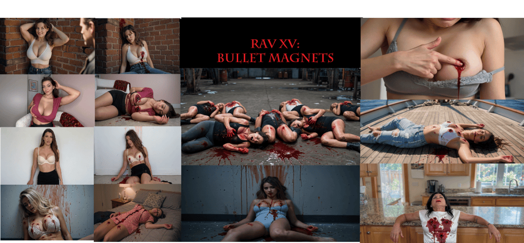 A collage of images featuring women in various poses, some with blood effects, showcasing a mix of glamor and horror themes. The top right corner displays the title 'RAV XV: Bullet Magnets' in bold red lettering.